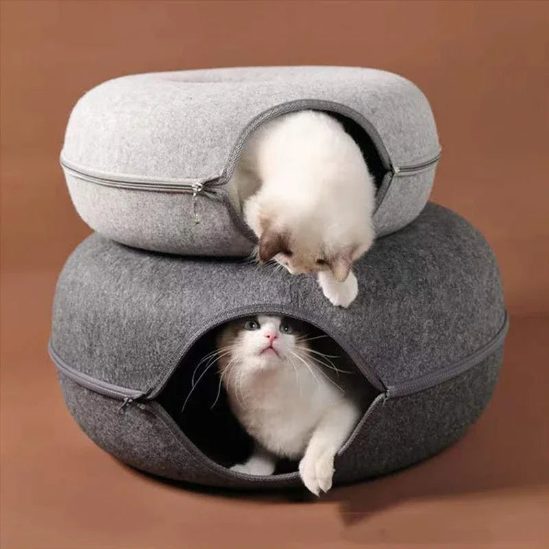 Túnel y cama en forma de donut de doble uso para gatos: juguete interactivo y cama acogedora para gatitos de interior