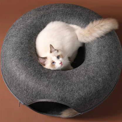 Túnel y cama en forma de donut de doble uso para gatos: juguete interactivo y cama acogedora para gatitos de interior